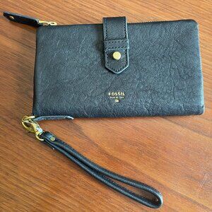 NWOT Fossil Black Leather Folding Wallet Wristlet Clutch